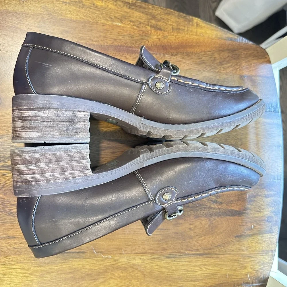 Eastland Nora Loafers Women 9.5M Brown Chain Link Lug Sole Chunky Heel Shoes